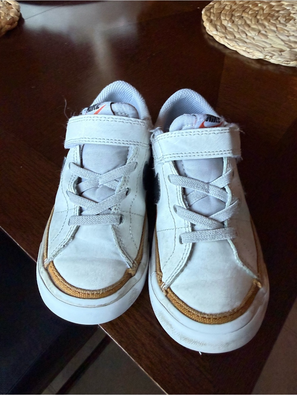 Kids White and Tan Lace-Up Sneaker with Hook-and-Loop Strap - size 9.5